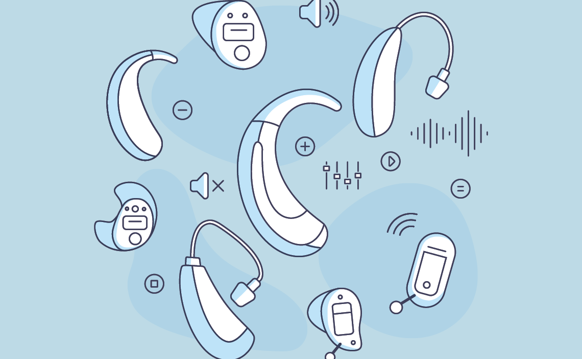 An illustration of various styles of hearing aids and icons related to hearing