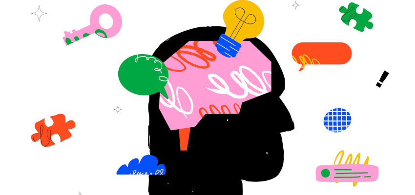 a graphic of a person's silhouette, displaying their braining and several smaller graphics simulating thoughts and ideas